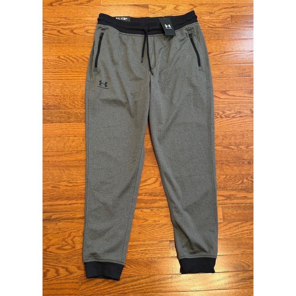 New Under Armour Sportstyle Tricot Joggers Mens Large 30" Gray Black Zip Pockets